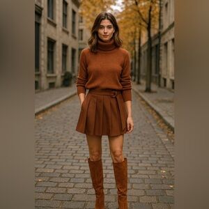 Majorelle Brown Pleated Mini Skirt XS Belted Tortoise Buckle High Waist lucia